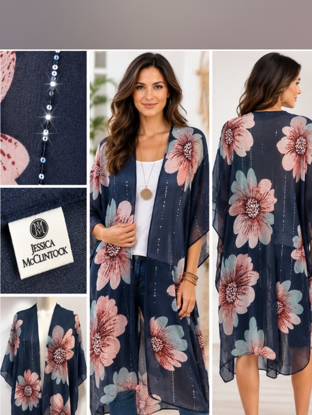 Jessica McClintock Navy Floral Sheer Kimono Cardigan Duster Boho One Size